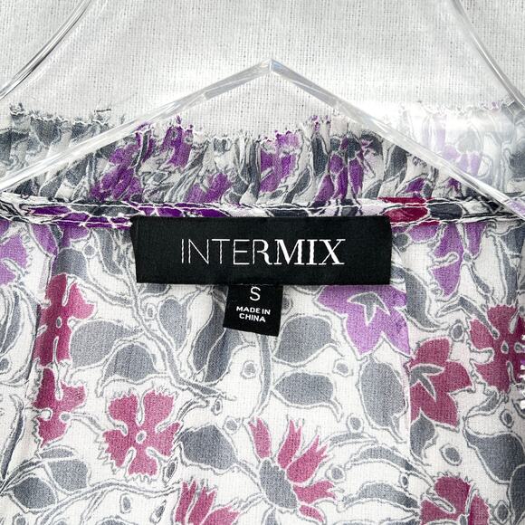 INTERMIX Dani Flutter Sleeve Top Women Small White Sheer Silk Floral Print Sheer - Picture 10 of 14